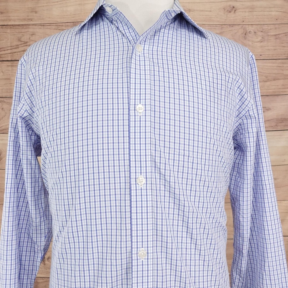 Bonobos Dress Shirt Mens 17 36/37 Slim Fit Blue Gingham Wrinkle Free Long Sleeve